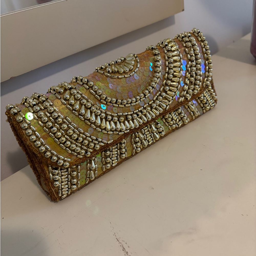 Bijoux Terner Gold Beaded Clutch with Beaded Cross Body Strap